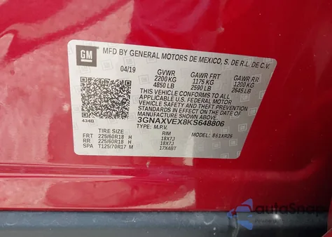 2019 Chevrolet Equinox Lt из США, поврежденный, VIN 3GNAXVEX8KS648806